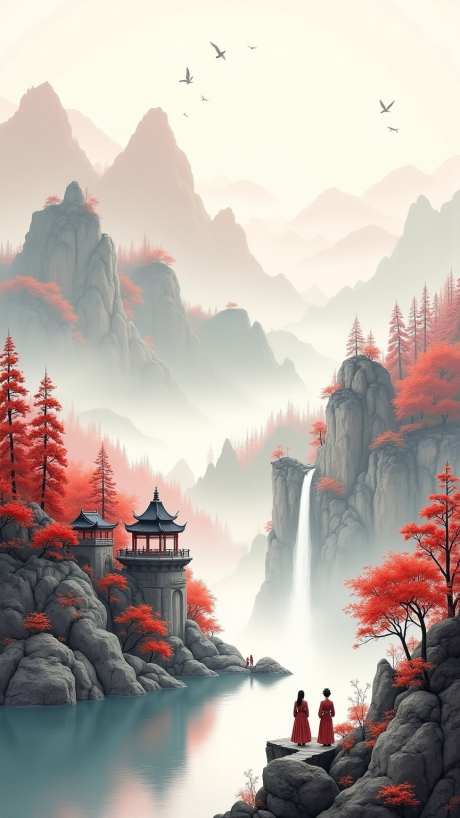 秋景山水画_AI图片下载_euler采样_864X1536像素-山路,瀑布,村庄-作品编号:2025051715583387-志设-zs9.com