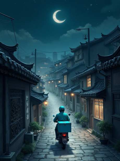 外卖员的夜晚_AI图片下载_euler采样_960X1280像素-插画,月亮,街道-作品编号:2025051716384959-志设-zs9.com