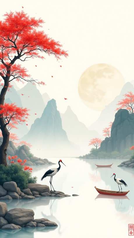 中国古典插画_AI图片下载_euler采样_864X1536像素-水流,远山,古典-作品编号:2025051814455515-志设-zs9.com