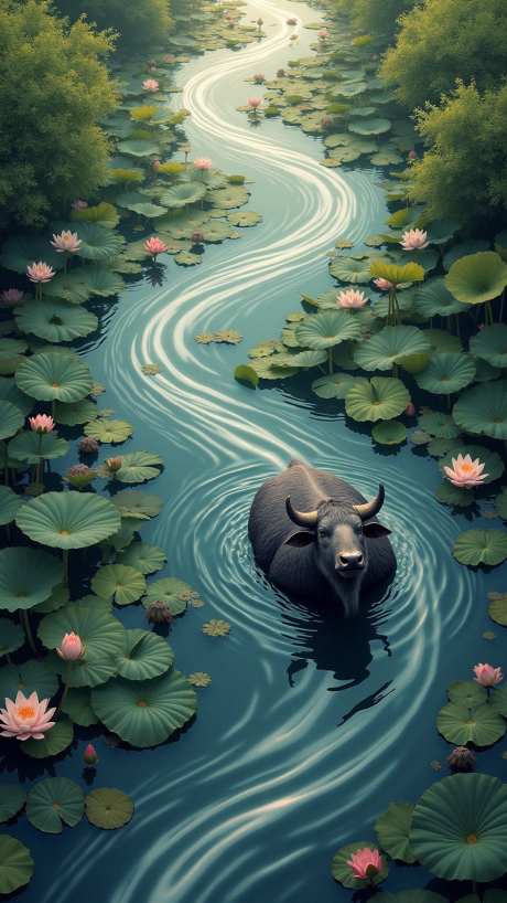 水牛溪流图_源文件下载_PNG格式_864X1536像素-荷花,波纹,荷塘-作品编号:2025051814476578-志设-zs9.com