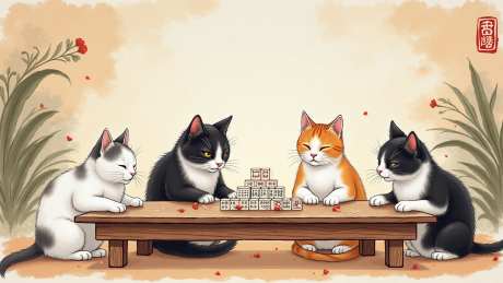在搓麻将的猫咪_AI图片下载_euler采样_1536X864像素-拟人,麻将,水墨-作品编号:2025051814481780-志设-zs9.com