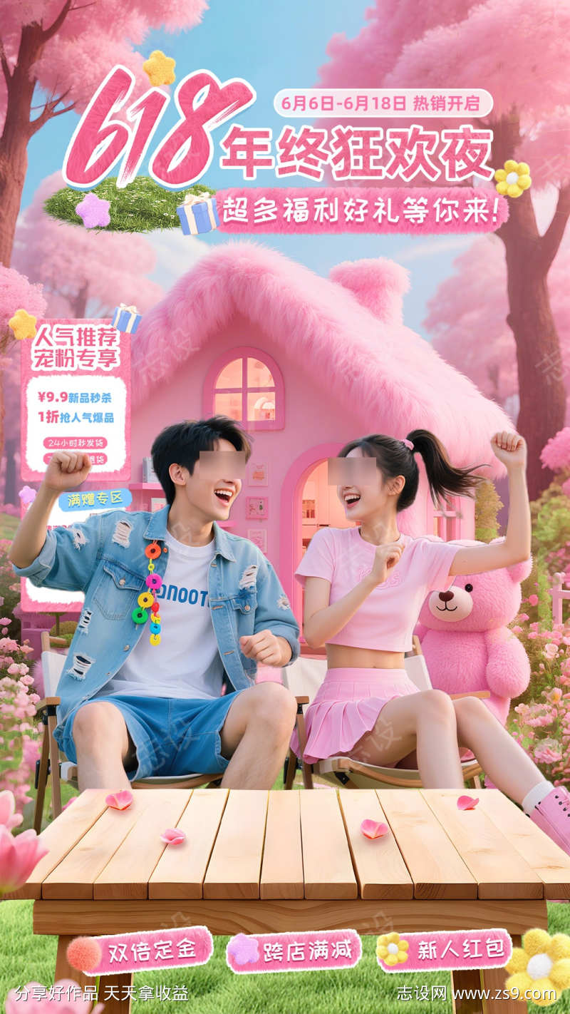 618粉色毛绒购物节直播背景