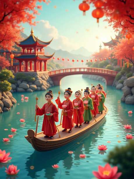 中国传统节日场景_AI图片下载_euler采样_960X1280像素-荷花,灯笼,竹筏-作品编号:2025052014476462-志设-zs9.com