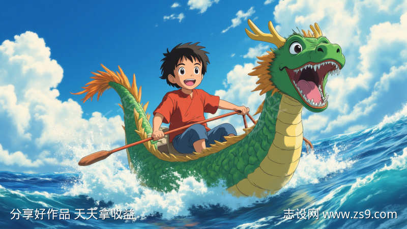 蓝色男孩划龙舟端午海报素材