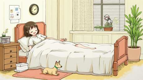 温馨卧室里的女孩_AI图片下载_euler采样_1536X864像素-温馨,宠物,小狗-作品编号:2025052115389613-志设-zs9.com