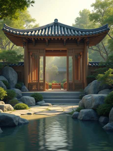 传统的东亚建筑_AI图片下载_euler采样_960X1280像素-湖水,石头,亭子-作品编号:2025052116209512-志设-zs9.com