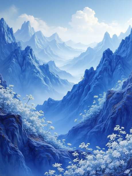 宁静的山景_AI图片下载_euler采样_960X1280像素-山脉,花朵,白云-作品编号:2025052116346372-志设-zs9.com