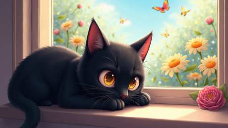 窗边的小黑猫_AI图片下载_euler采样_1536X864像素-窗户,卡通,可爱-作品编号:2025052116437761-志设-zs9.com