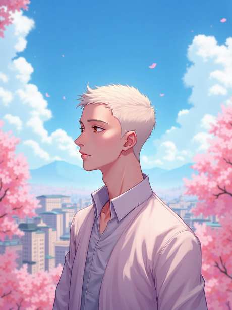 白头发男孩_AI图片下载_euler采样_960X1280像素-蓝天,樱花,小镇-作品编号:2025052116477470-志设-zs9.com