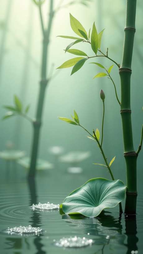 绿色雨后清新竹林荷叶_AI图片下载_euler采样_864X1536像素-背景,竹子,荷叶-作品编号:2025052214413487-志设-zs9.com