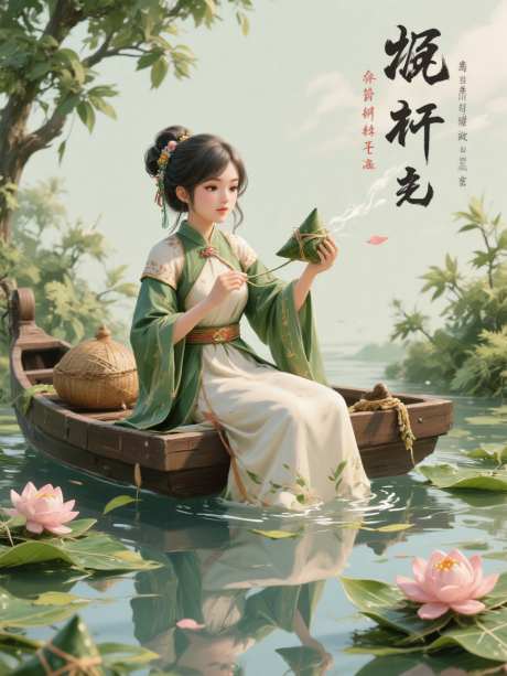 女孩在船上包粽子