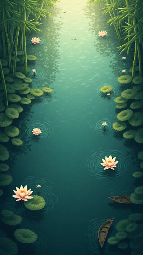 荷塘风景图_AI图片下载_euler采样_864X1536像素-水面,竹叶,荷花-作品编号:2025052313434459-志设-zs9.com