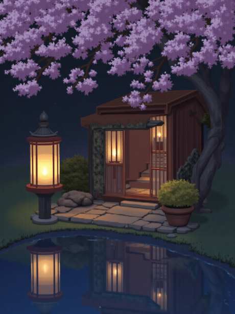 水池边的房子_AI图片下载_euler采样_960X1280像素-路灯,木屋,樱花树-作品编号:2025052314066424-志设-zs9.com