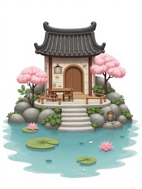 庭院小木屋_AI图片下载_euler采样_960X1280像素-荷花,池塘,亭子-作品编号:2025052314066798-志设-zs9.com
