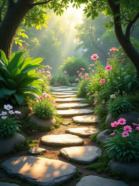 宁静的花园场景_AI图片下载_euler采样_960X1280像素-花朵,树木,石子路-作品编号:2025052317283746-志设-zs9.com