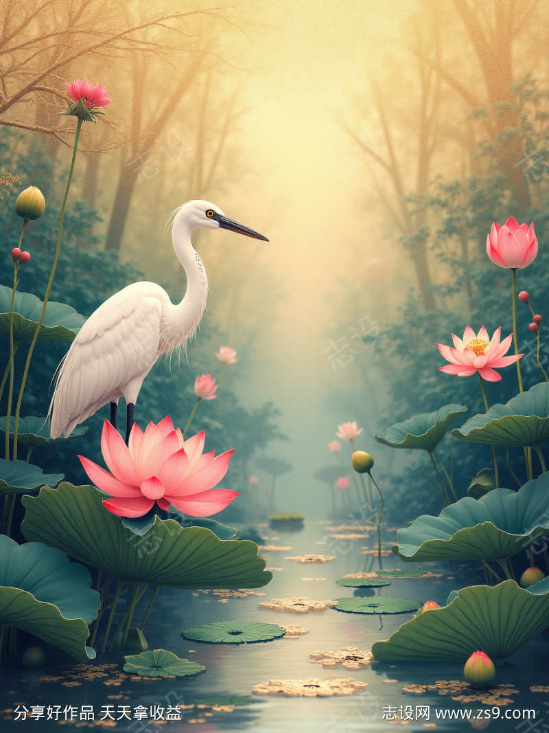工笔画荷花池