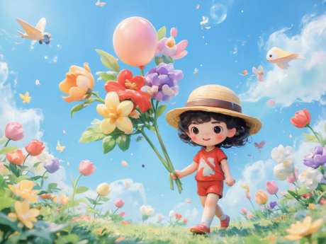 可爱插画小孩_AI图片下载_euler采样_1280X960像素-草地,花丛,儿童-作品编号:2025052415495603-志设-zs9.com
