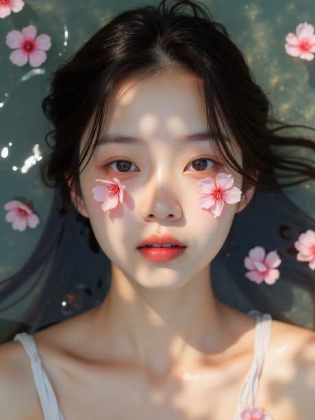 亚洲女性在水中被樱花环绕_AI图片下载_euler采样_960X1280像素-阳光,水面,樱花-作品编号:2025052415535577-志设-zs9.com