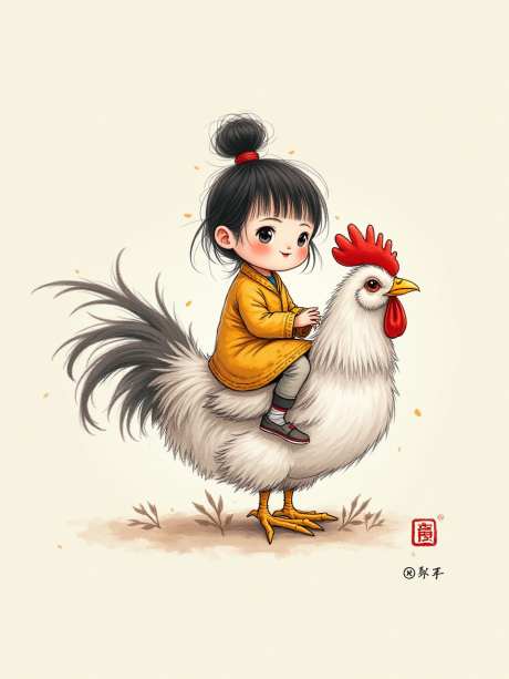中国水墨画_AI图片下载_euler采样_960X1280像素-水墨,骑鸡,女孩-作品编号:2025052415567637-志设-zs9.com