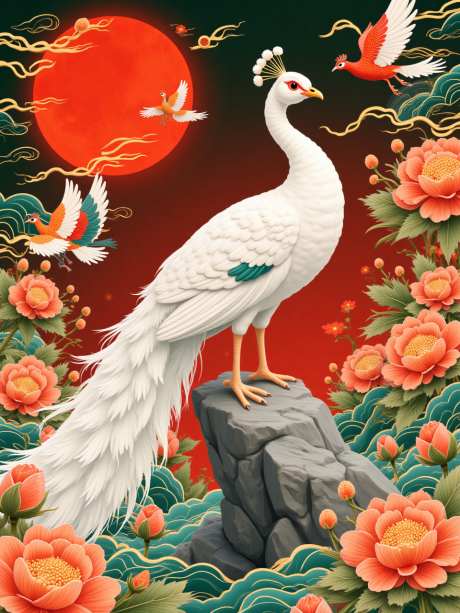 白孔雀与吉祥的野兽_AI图片下载_euler采样_960X1280像素-祥云,牡丹花,吉祥-作品编号:2025052416012397-志设-zs9.com