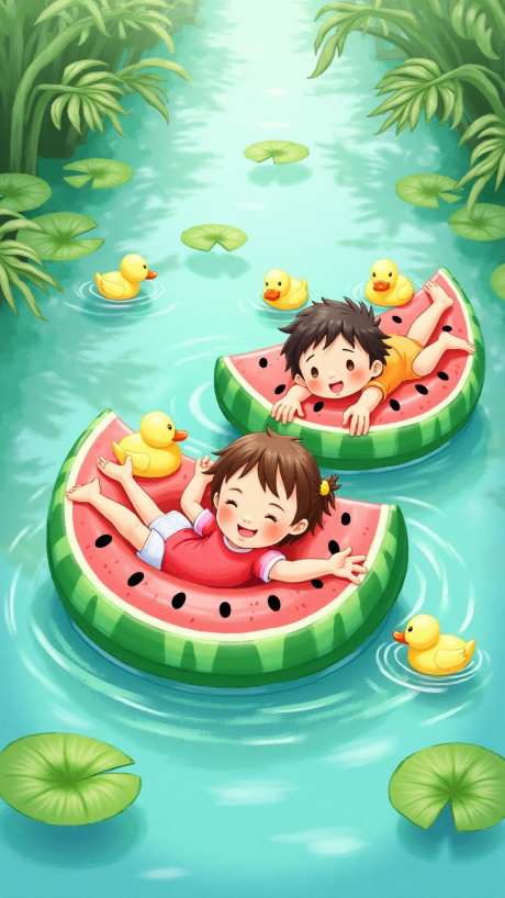 小孩和西瓜_AI图片下载_euler采样_864X1536像素-夏日,儿童,小孩-作品编号:2025052714532722-志设-zs9.com