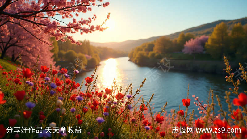 河边生机勃勃的春景