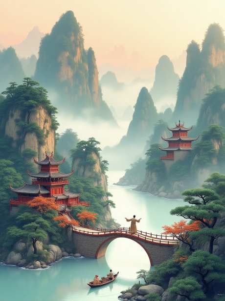 中国传统山水画_AI图片下载_euler采样_960X1280像素-渔船,亭台楼阁,流水-作品编号:2025052716051466-志设-zs9.com