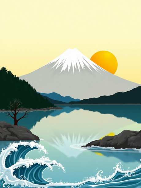 宁静的日落场景_AI图片下载_euler采样_960X1280像素-水面,富士山,太阳-作品编号:2025052716255794-志设-zs9.com