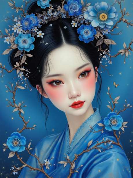美丽的中国女人_AI图片下载_euler采样_960X1280像素-海报,蓝色,花藤-作品编号:2025052716425802-志设-zs9.com