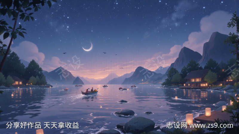 夜晚的河边插画