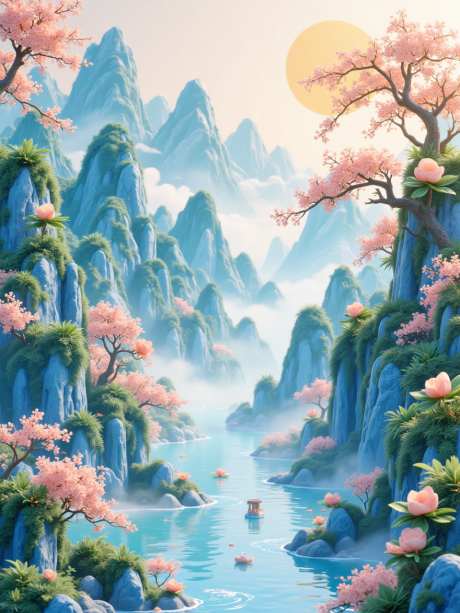 中国风唯美山水_AI图片下载_euler采样_960X1280像素-树木,粉色,唯美-作品编号:2025053017546129-志设-zs9.com