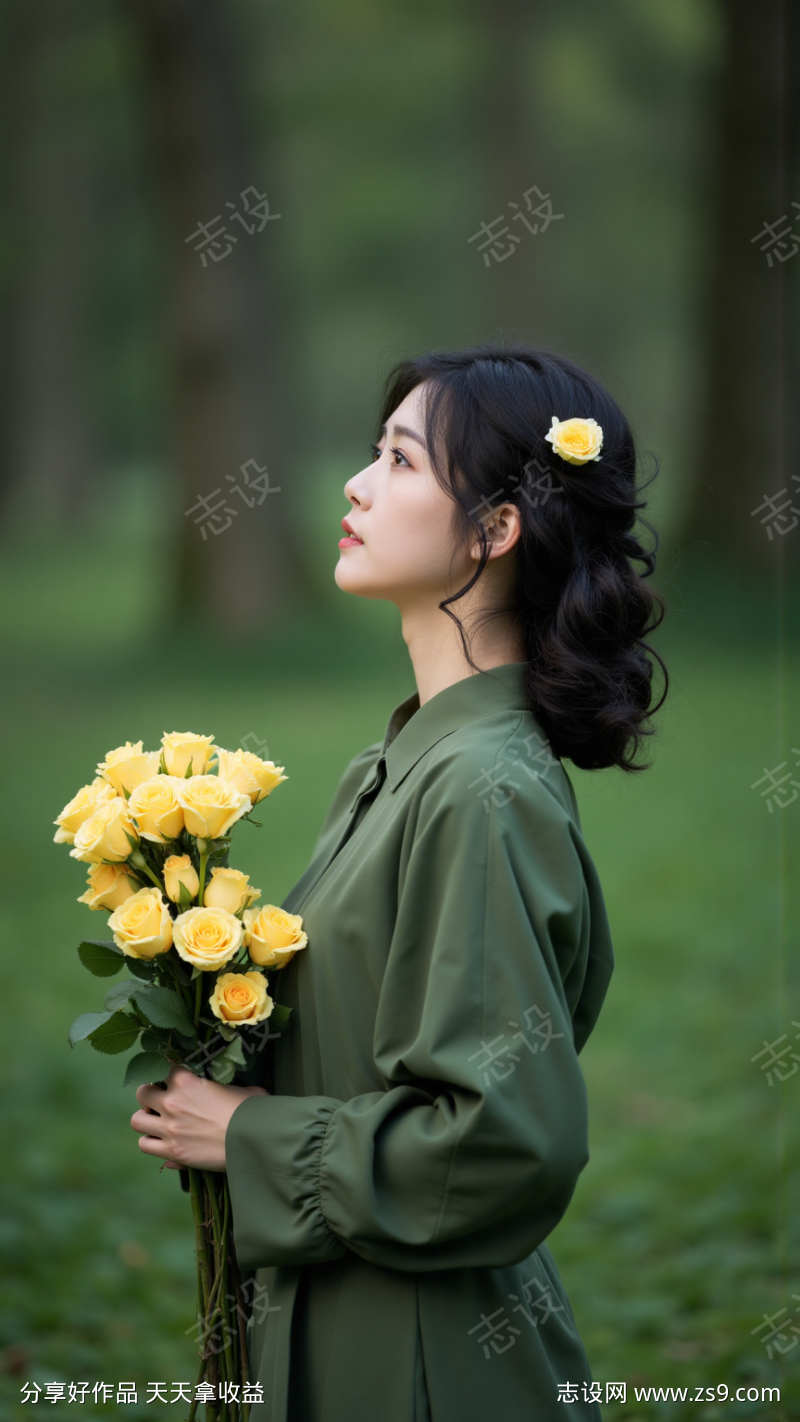 手持黄玫瑰的女人
