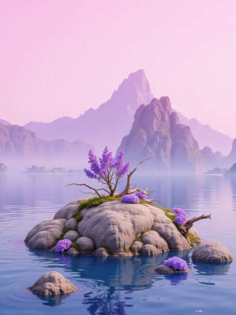 紫色的小岛_AI图片下载_euler采样_960X1280像素-植物,小岛,岩石-作品编号:2025060316495444-志设-zs9.com
