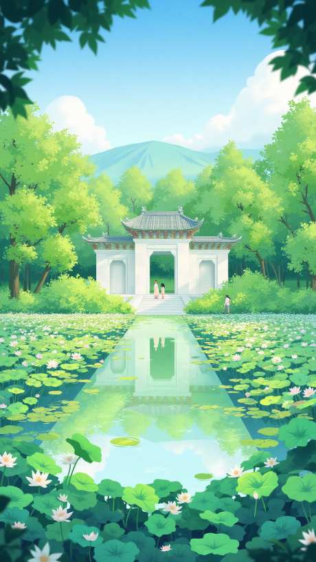 治愈夏日插画_AI图片下载_euler采样_864X1536像素-绿色,荷叶,治愈-作品编号:2025060414282236-志设-zs9.com