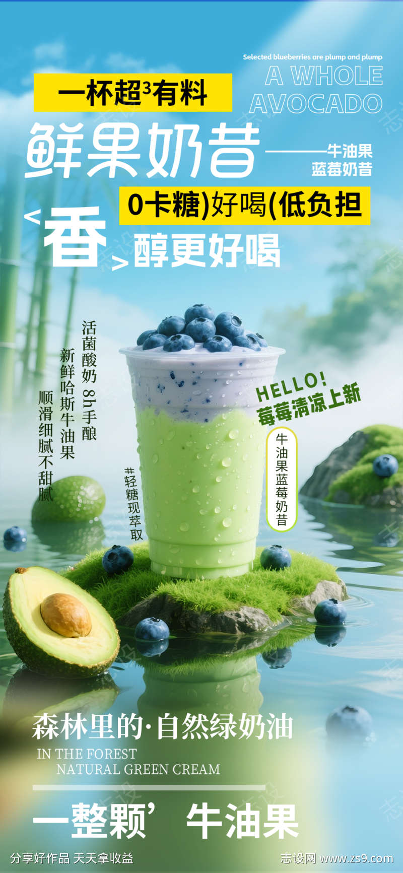 夏日奶茶牛油果蓝莓奶昔奶茶宣传海报