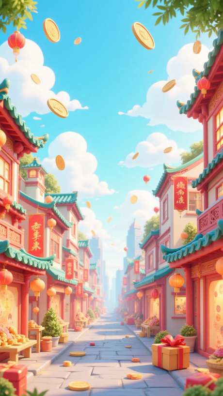 古风街道场景_AI图片下载_euler采样_864X1536像素-古建筑,礼物,金币-作品编号:2025060608247638-志设-zs9.com