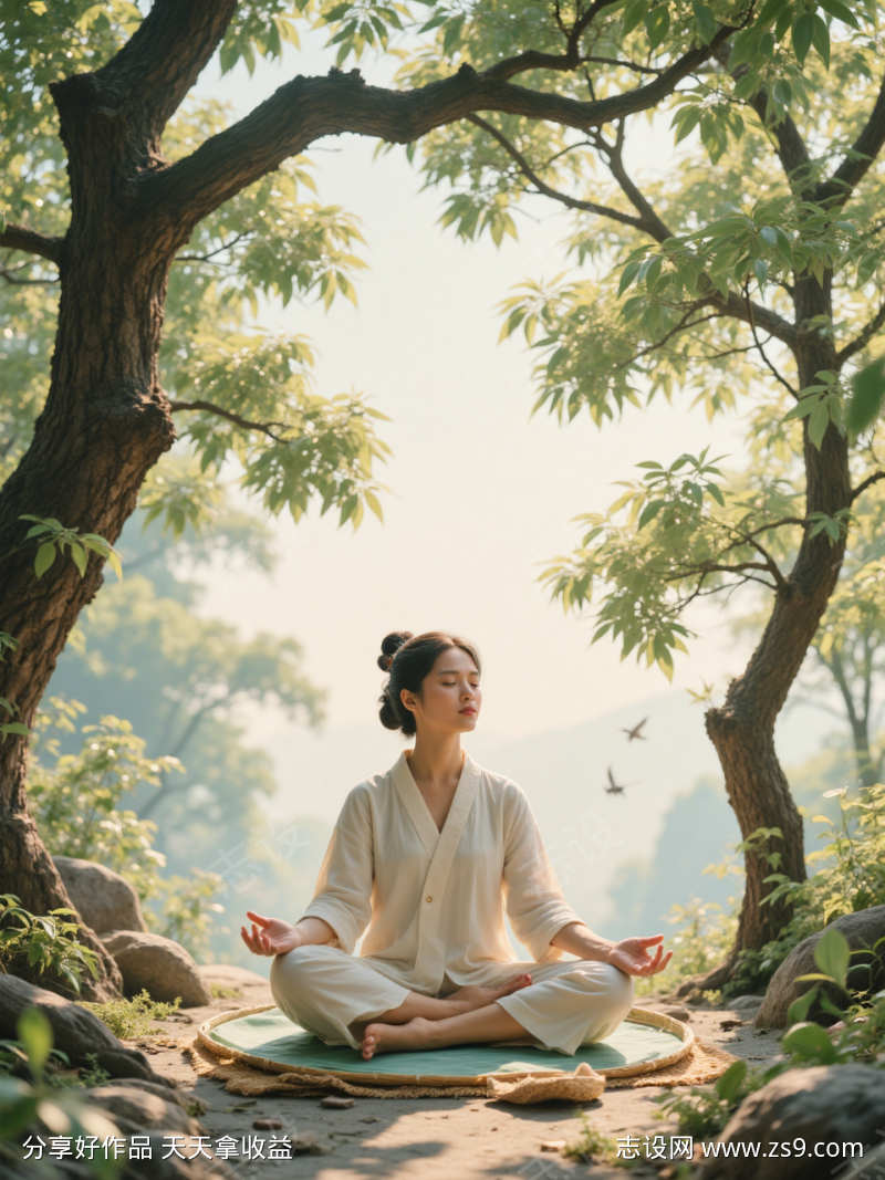 一个人在树下冥想