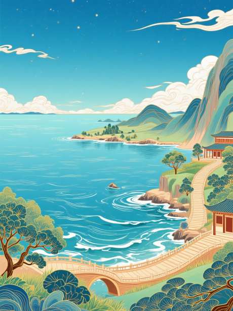 大海国潮插画_AI图片下载_euler采样_960X1280像素-国潮,山,大海-作品编号:2025060711204491-志设-zs9.com