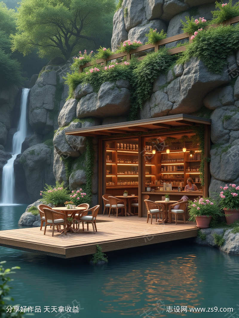 宁静的河边咖啡馆