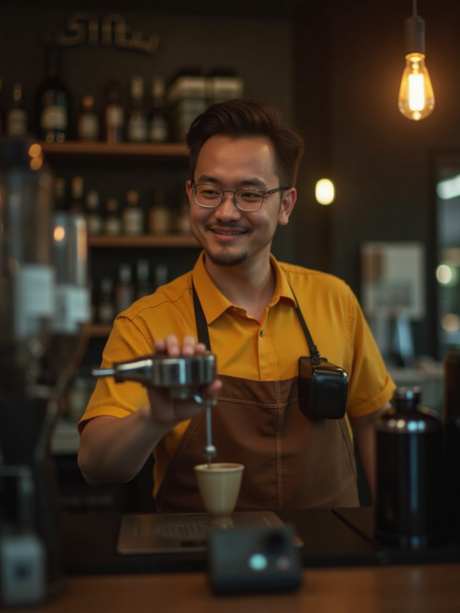店员煮咖啡_AI图片下载_euler采样_960X1280像素-黄色,咖啡店,咖啡-作品编号:2025060716013532-志˙设˘网