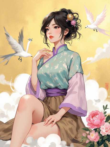 中式美女插画_AI图片下载_euler采样_960X1280像素-可爱,女性,美女-作品编号:2025060716334109-志设-zs9.com