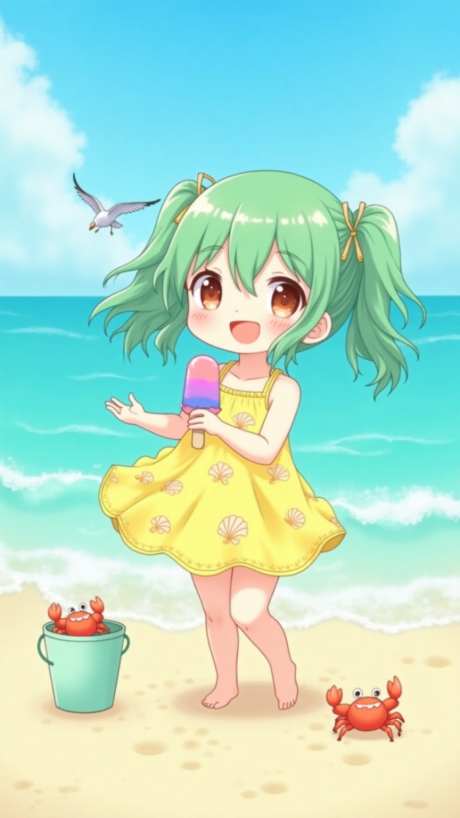 可爱夏日女孩_AI图片下载_euler采样_864X1536像素-冰棒,沙滩,人物-作品编号:2025060813534142-志设-zs9.com