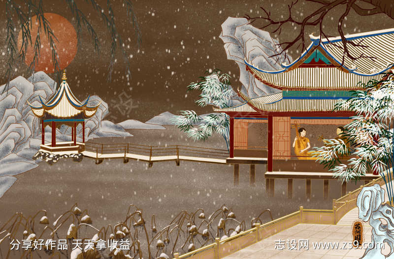 姑苏古城风景建筑插画