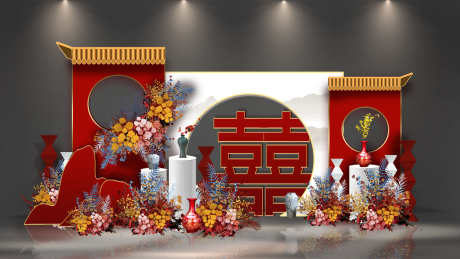 新中式蓝红撞色订婚宴婚礼合影区迎宾拍照_源文件下载_PSD格式_3000X1688像素-布置,美陈,打卡-作品编号:2025060909501497-志设-zs9.com