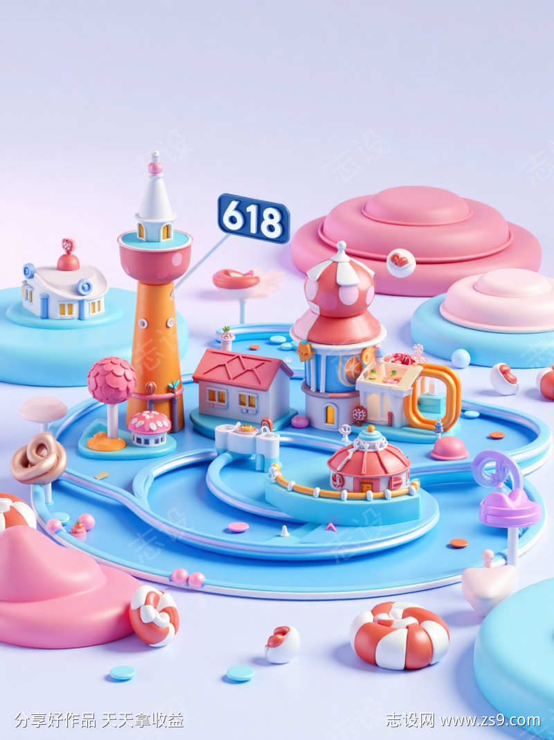 童真和梦幻色彩的3D插图