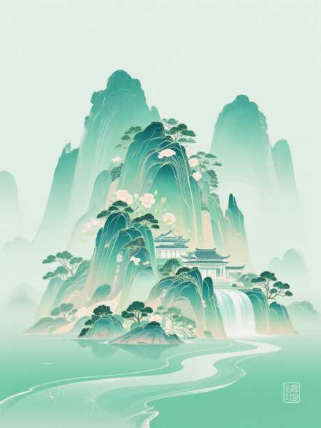 国潮扁平插画_AI图片下载_euler采样_960X1280像素-青山,线条,插画-作品编号:2025061013304885-志设-zs9.com