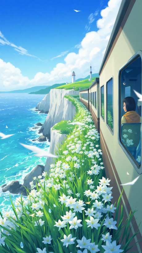 海滨列车插画_AI图片下载_euler采样_864X1536像素-海边,花朵,活动-作品编号:2025061107571525-志设-zs9.com