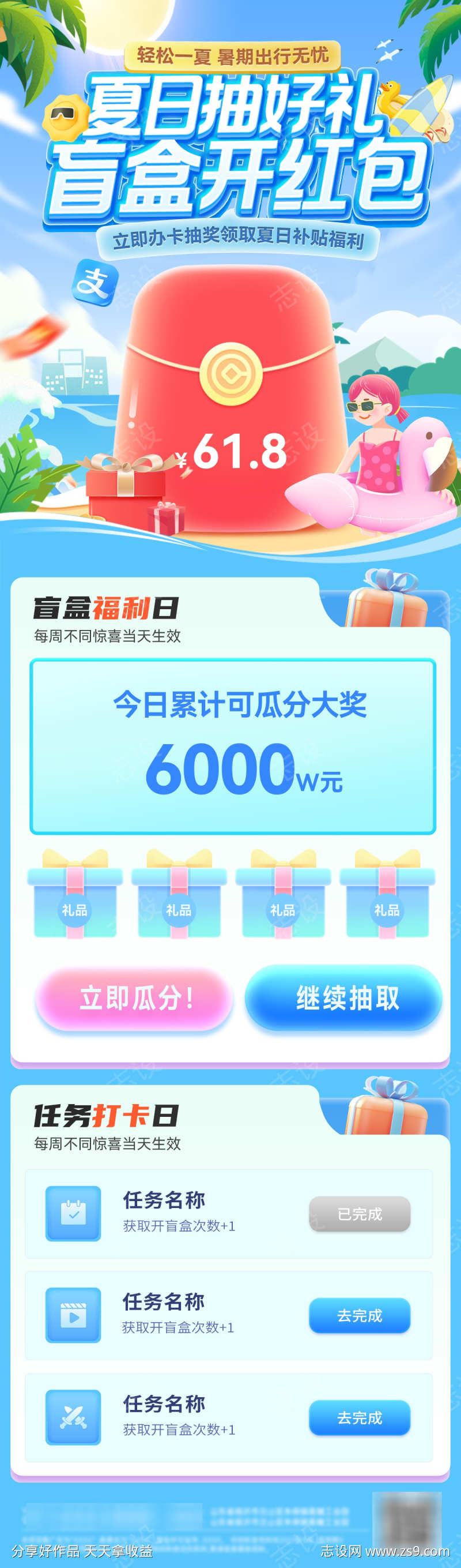 夏日抽奖盲盒优惠券红包补贴电商海报长图