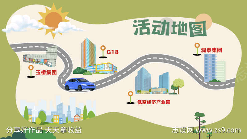 地产卡通插画活动地图路线背景板主画面