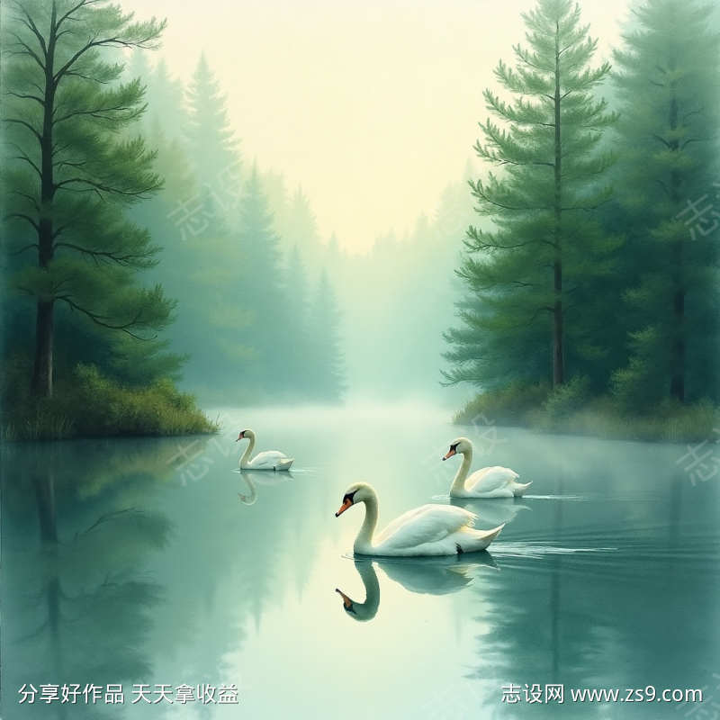 静谧湖畔晨雾